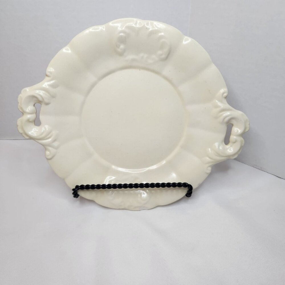 Antique White Ceramic Serving Plate With Ornate Handles & Embossed Details
